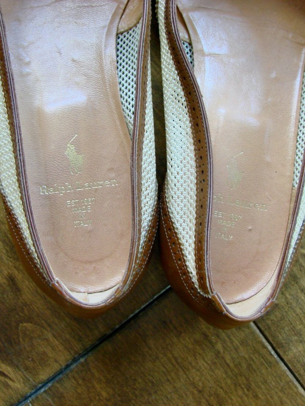 Ralph Lauren Leather Ballet Flat Brown Cream Mesh Flats Loafers Wingtip Size 6.5 - Picture 9 of 15